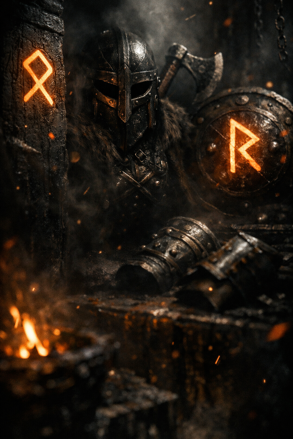 Warrior with runes and forge embers